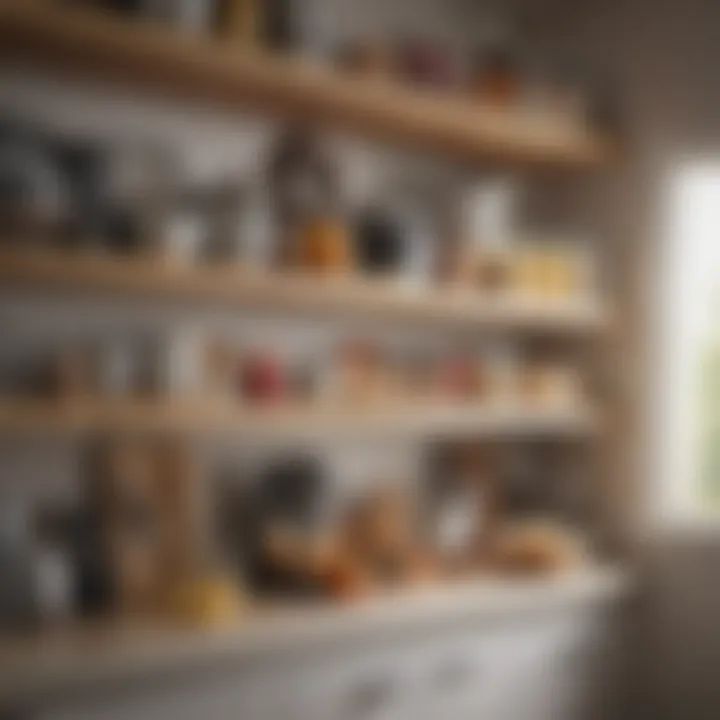 An organized kitchen shelf filled with affordable kitchen gadgets.