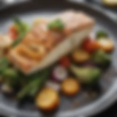 Close-up of grilled cod fillet with a side of seasonal vegetables