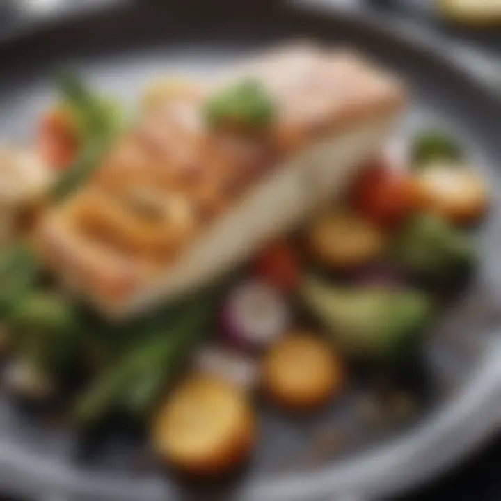 Close-up of grilled cod fillet with a side of seasonal vegetables