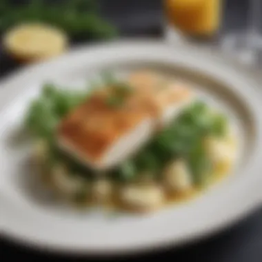Plated Cod Dish with Fresh Herbs A beautifully plated cod dish garnished with fresh herbs and lemon