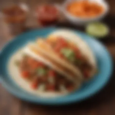 A close-up of El Pastor tacos with a side of spicy salsa