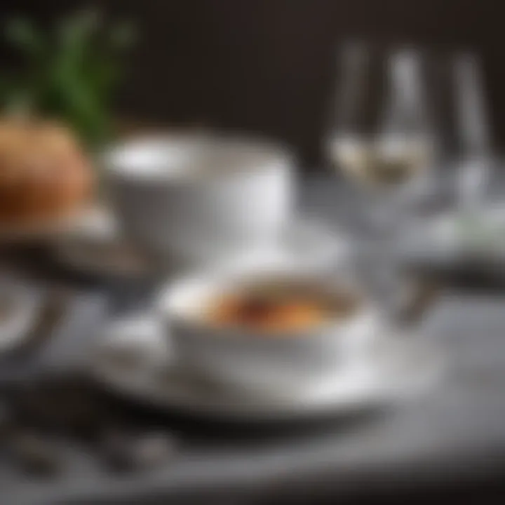 A modern crockery set arranged elegantly on a dining table, showcasing contemporary design elements.