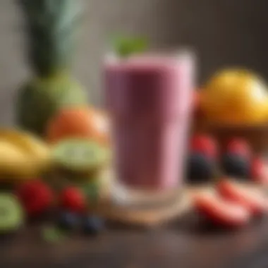 Nutritious smoothie in a glass surrounded by fresh fruits.