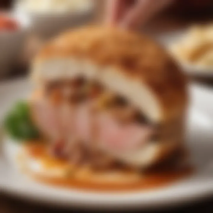 A close-up of a stuffed pork chop slice revealing its flavorful filling