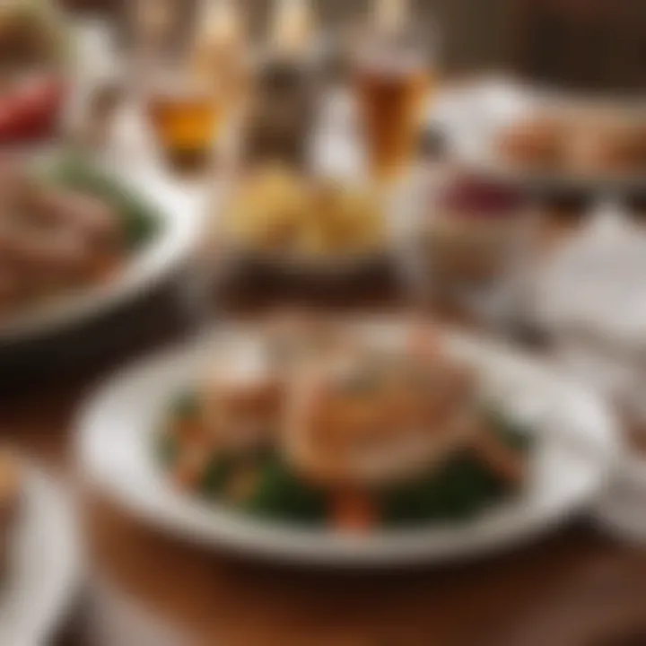 A festive table setting featuring stuffed pork chops as the centerpiece