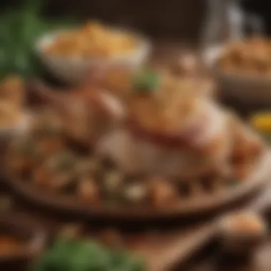 An array of ingredients for stuffed pork chops, including herbs and spices