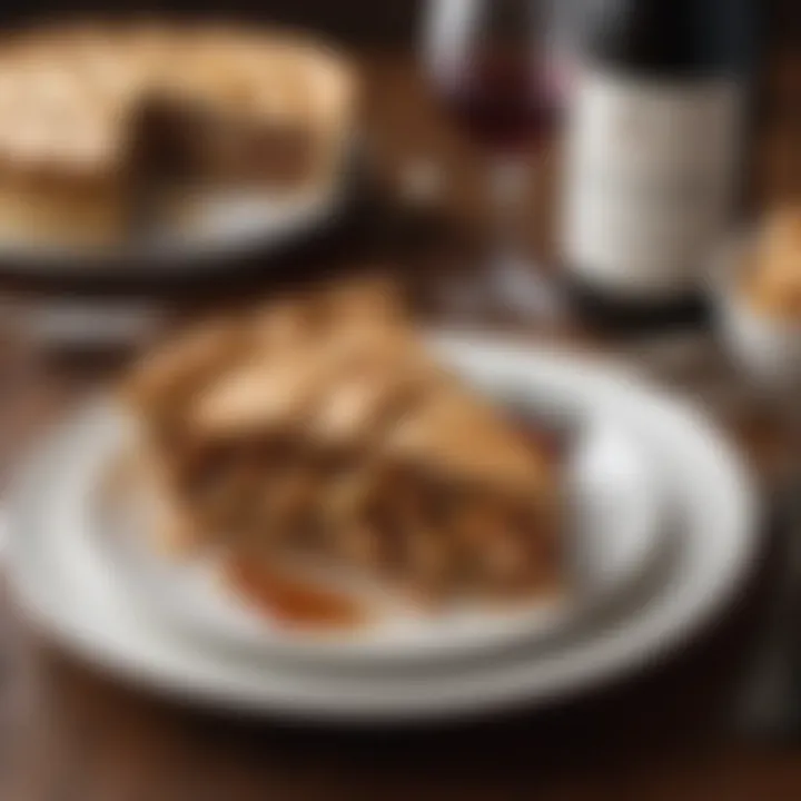 Close-up of apple pie slice elegantly plated with wine pairing