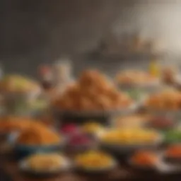 A vibrant array of food items symbolizing reward offerings