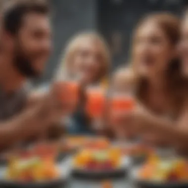 Celebration with Fruit Loop Vodka Shots A group of friends enjoying vibrant vodka shots at a social gathering