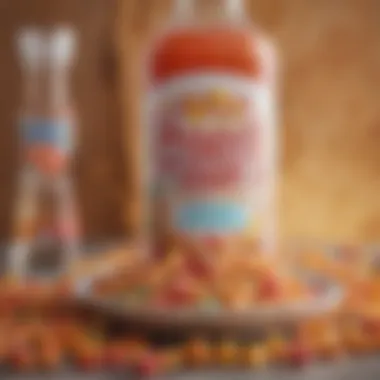 Close-up of Fruit Loops cereal next to vodka bottles