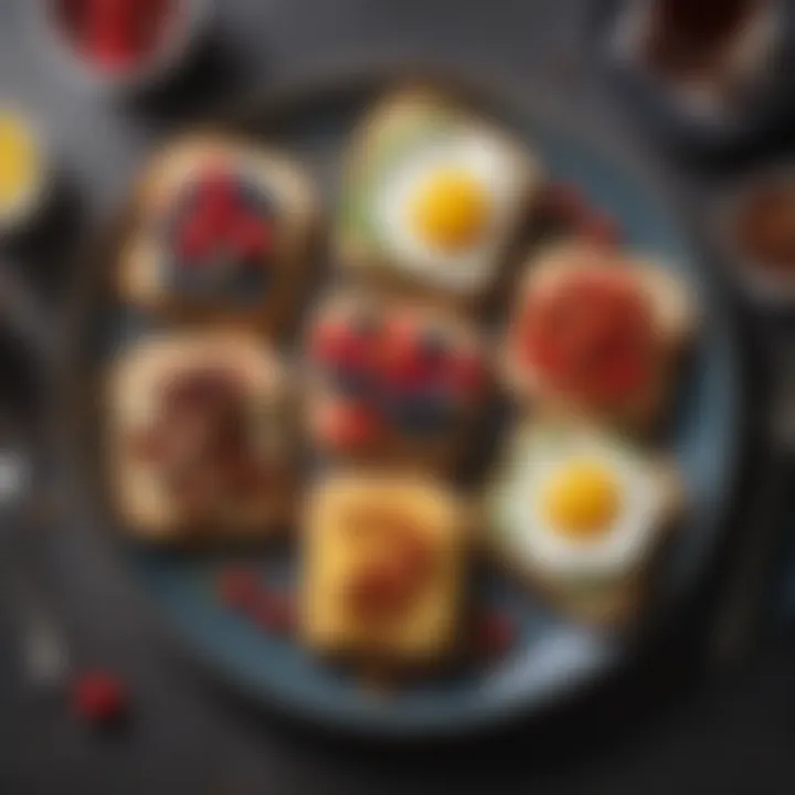 An artistic display of breakfast toasts topped with various spreads and toppings.