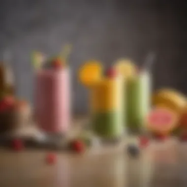 A creative arrangement of breakfast smoothies presented in unique glasses with garnishes.