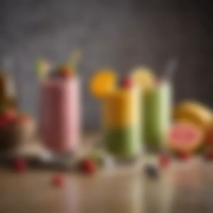 A creative arrangement of breakfast smoothies presented in unique glasses with garnishes.