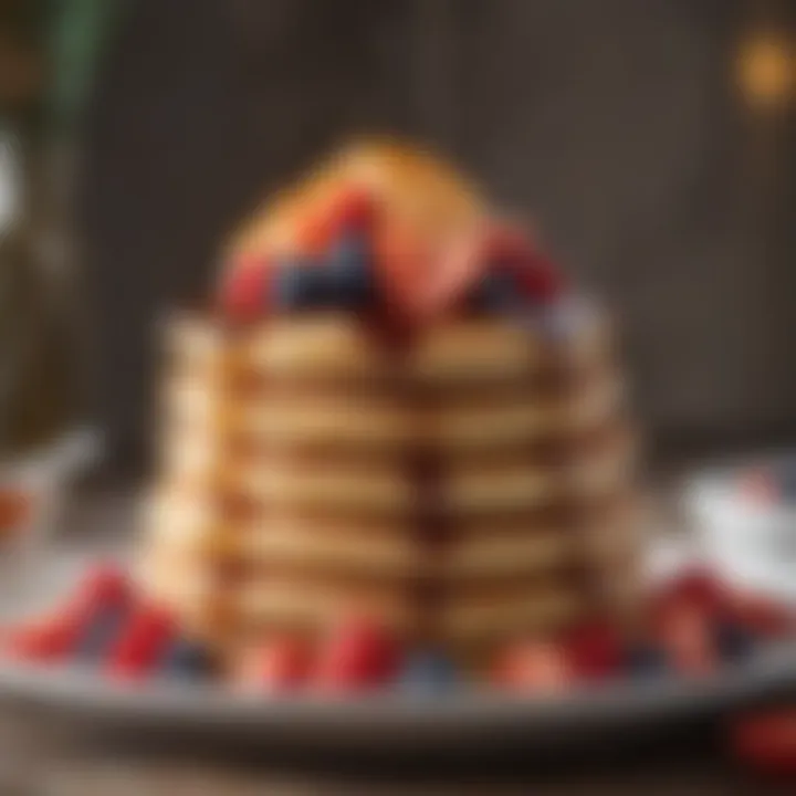 A delightful stack of pancakes garnished with seasonal fruits and a drizzle of syrup.