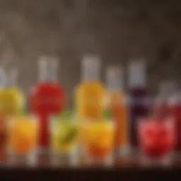 A vibrant display of various fruity liquors in elegant glasses