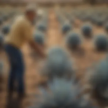 Fresh blue agave plants in a field under the sun