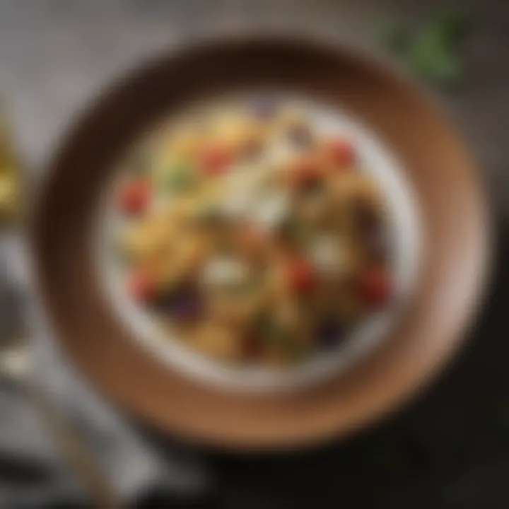 A beautifully plated pasta dish featuring hard goat cheese, colorful vegetables, and a drizzle of olive oil