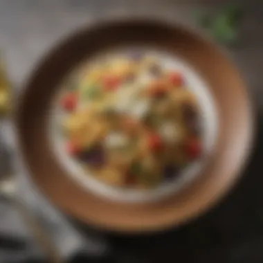 Pasta with Hard Goat Cheese A beautifully plated pasta dish featuring hard goat cheese, colorful vegetables, and a drizzle of olive oil