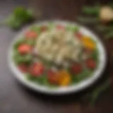 Artfully arranged salad topped with crumbled hard goat cheese and fresh herbs