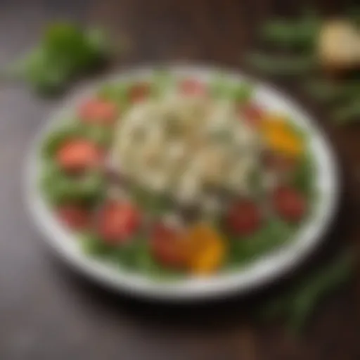 Artfully arranged salad topped with crumbled hard goat cheese and fresh herbs