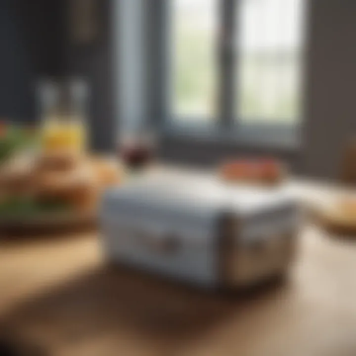 A heat retaining lunch box placed on a dining table, emphasizing its stylish and practical design.