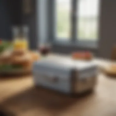 Stylish Design of Heat Retaining Lunch Box A heat retaining lunch box placed on a dining table, emphasizing its stylish and practical design.