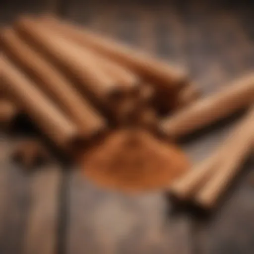 A close-up of cinnamon sticks and powdered cinnamon on a rustic wooden surface