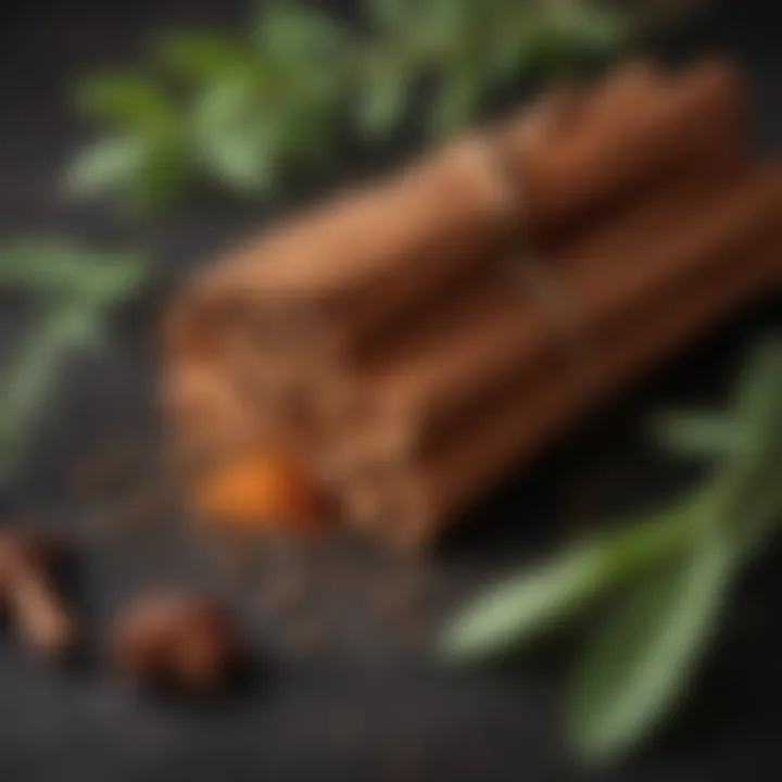 A vibrant display of various herbs and spices showcasing cinnamon among them