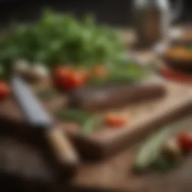 High carbon kitchen knife next to fresh herbs and vegetables highlighting its versatility