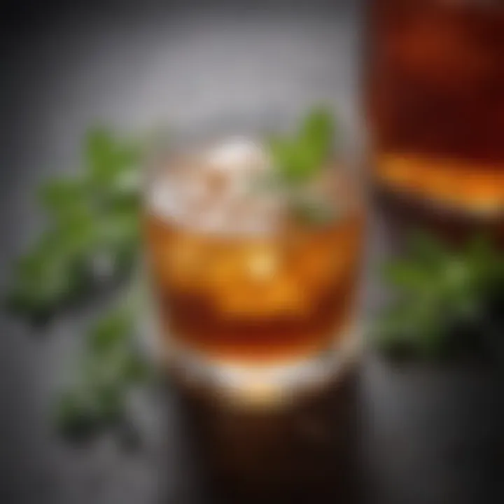 A close-up of a honey bourbon cocktail garnished with fresh herbs