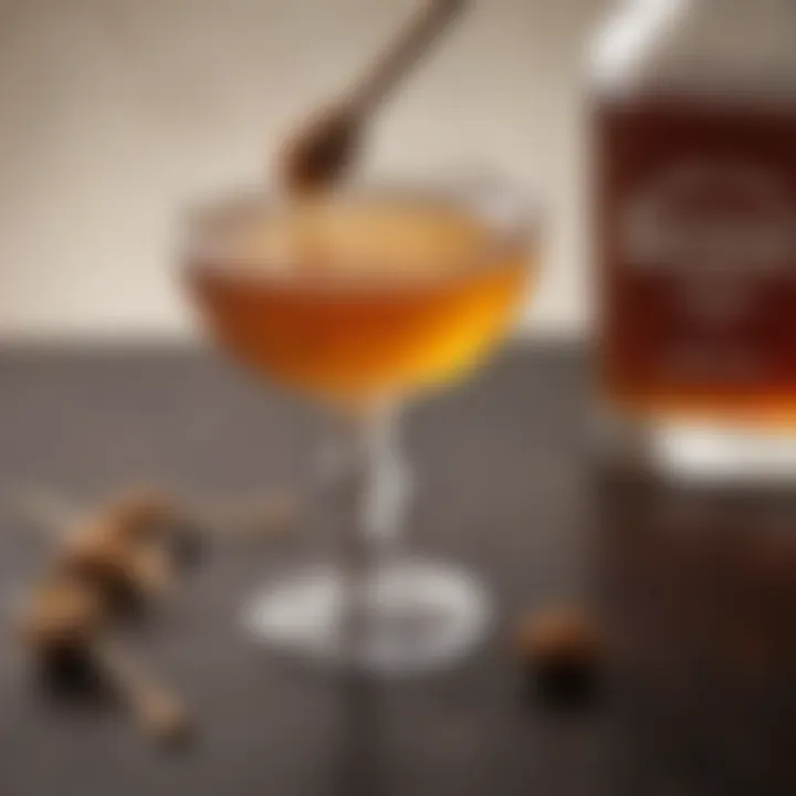 An elegant glass of honey bourbon served with a honey dipper