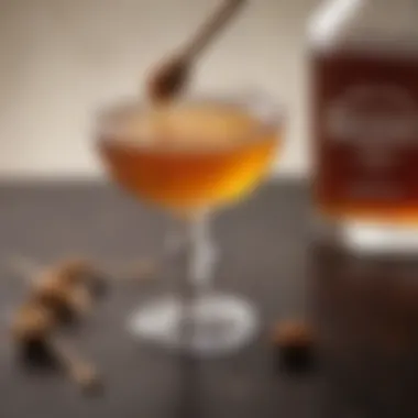 Golden Elixir: Honey Bourbon in Focus An elegant glass of honey bourbon served with a honey dipper