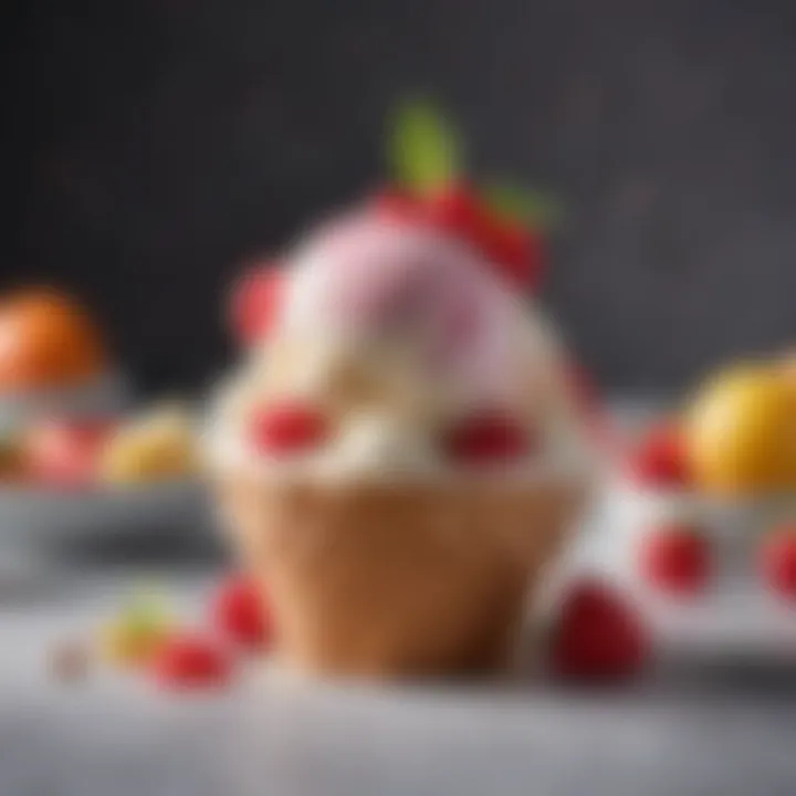 A vibrant scoop of ice cream garnished with fresh fruits