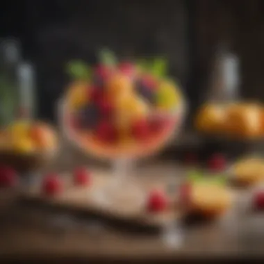 An artistic arrangement of various iced fruits on a rustic table.