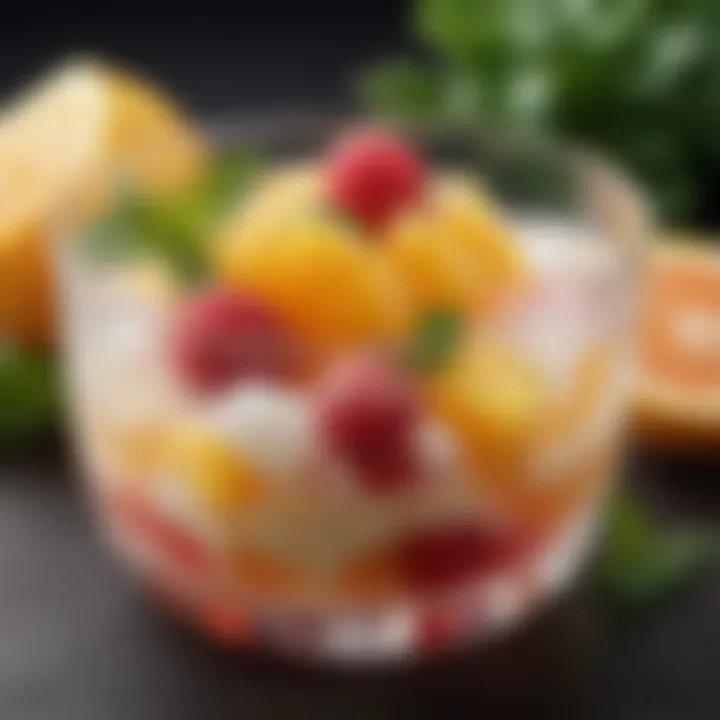 Close-up of a refreshing iced fruit dessert garnished with mint.