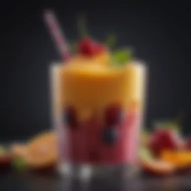 A colorful iced fruit smoothie in a glass with a straw.