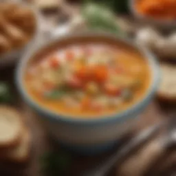A vibrant bowl of kneaders soup showcasing colorful vegetables and rich textures