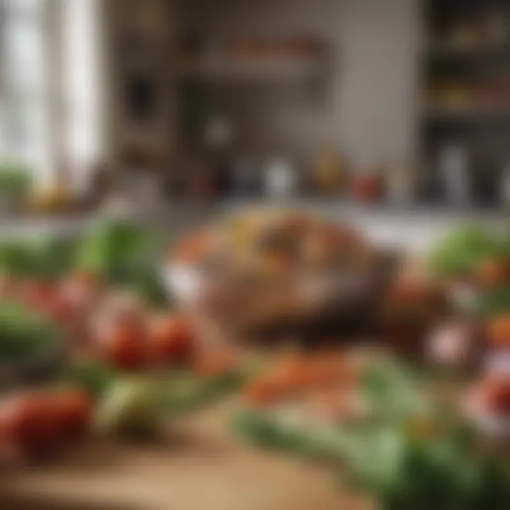 An artistic representation of a kitchen filled with fresh ingredients.