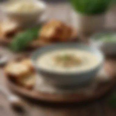 Creamy Cauliflower Soup A bowl of creamy cauliflower soup topped with chives and served with whole grain croutons.