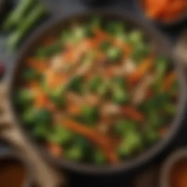 A vibrant stir-fry of assorted vegetables such as broccoli, carrots, and snap peas with a light soy sauce glaze.