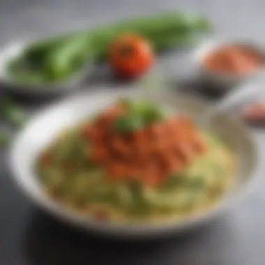 A vibrant bowl of zucchini noodles topped with a rich tomato basil sauce, garnished with fresh herbs.