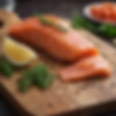 Artisan smoked salmon on a wooden board with herbs and lemon slices