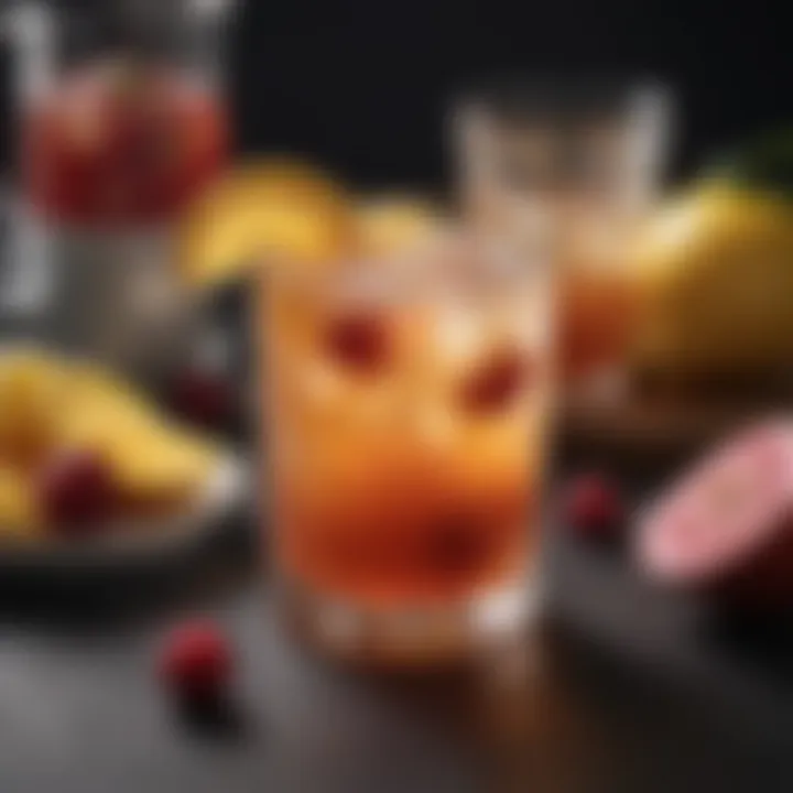 A refreshing beverage infused with monkfruit simple syrup surrounded by fresh fruits