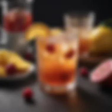 Refreshing Beverage with Monkfruit Infusion A refreshing beverage infused with monkfruit simple syrup surrounded by fresh fruits