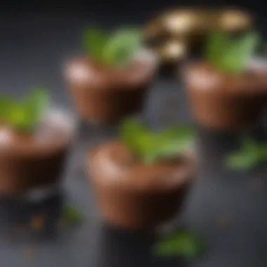 An elegant arrangement of chocolate mousse cups garnished with mint leaves.