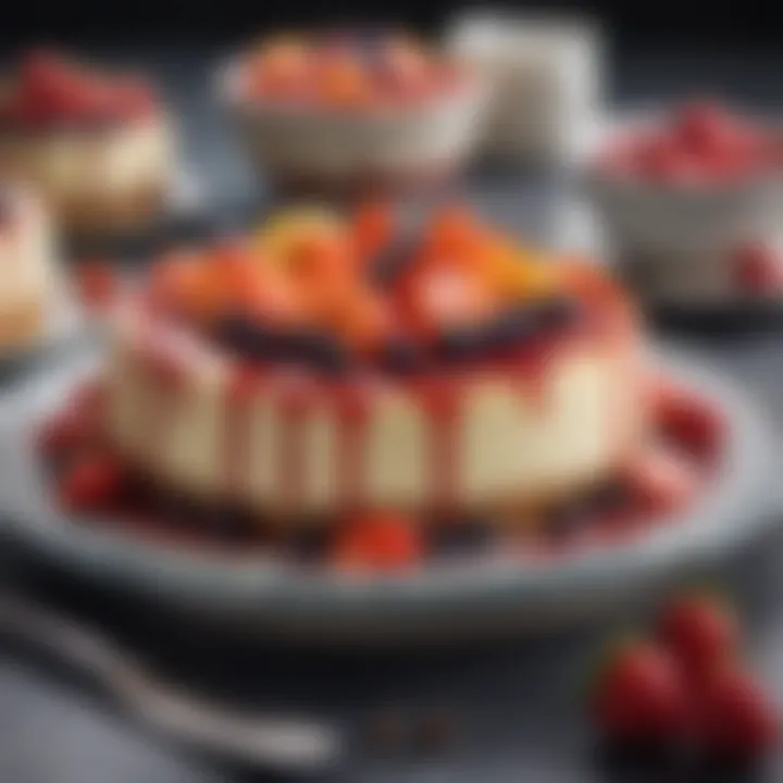 Close-up of a creamy no-bake cheesecake topped with fresh fruits and a drizzle of syrup.