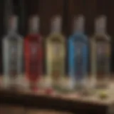 A selection of premium vodkas on a rustic wooden table