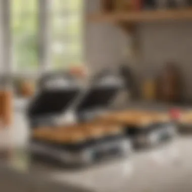 An organized kitchen countertop featuring various waffle makers with removable plates.