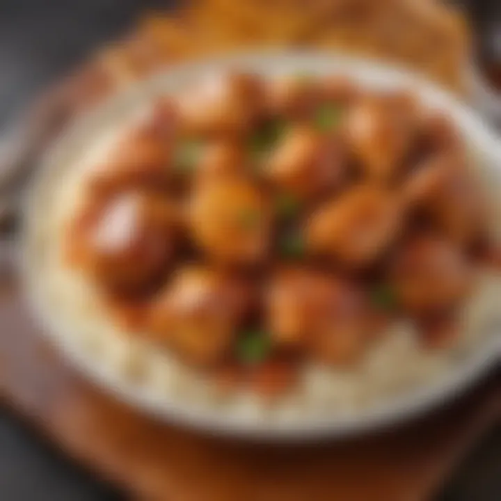 A close-up of orange chicken showcasing its glossy sauce and textures