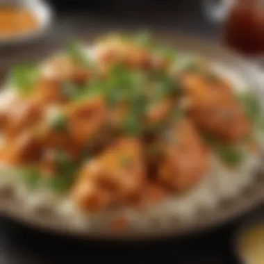 A vibrant plate of orange chicken garnished with fresh herbs